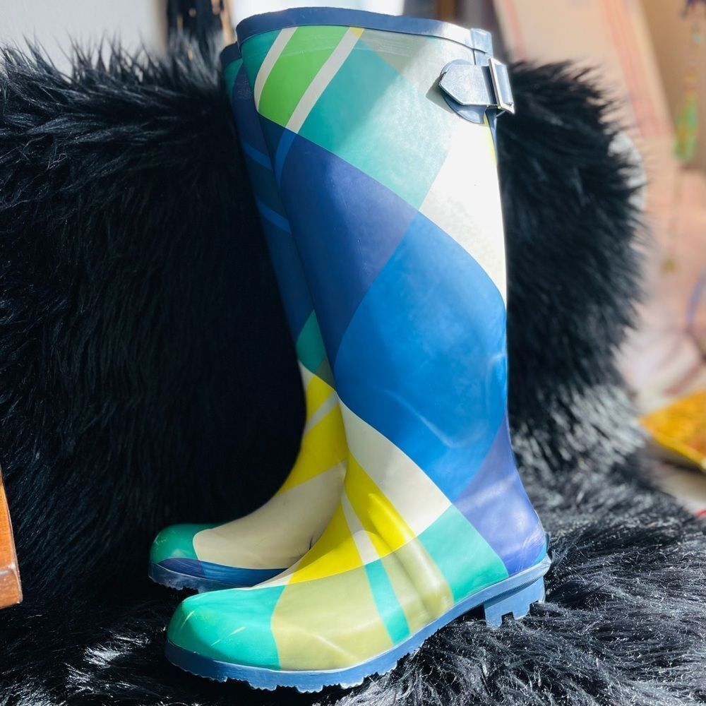 Boden Blue Plaid Rainboots Size 37